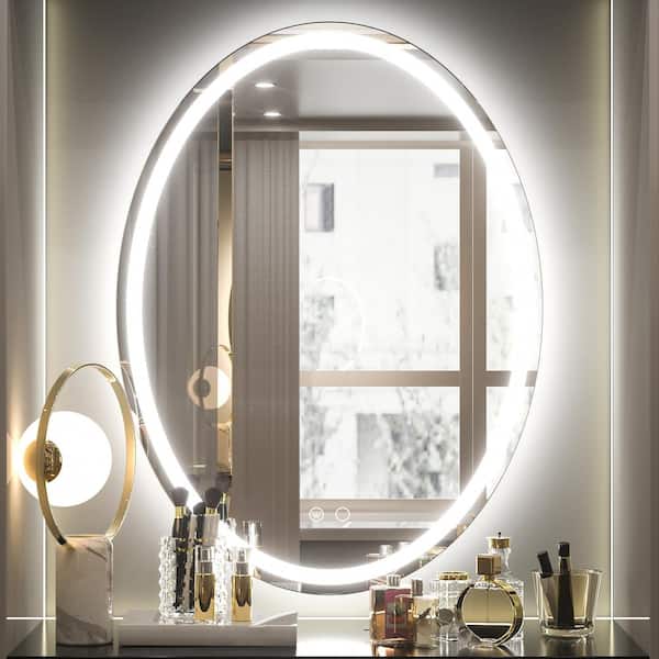 KeonJinn 24 in. W x 32 in. H Large Oval Frameless Anti-Fog Bright Dimmable LED Wall Bathroom Vanity Mirror Hotel Spa CRI90 plus