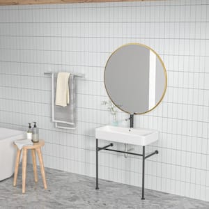 35 in. Ceramic White Single Bowl Console Sink Basin and Black Leg Combo with Overflow