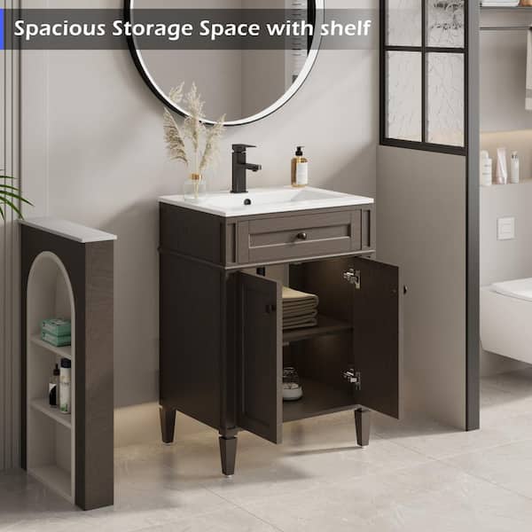 24 in. W x 18 in. D x 34 in. H 1-Sink Freestanding Bath Vanity in Brown With White Ceramic Top and Drain Faucet Set