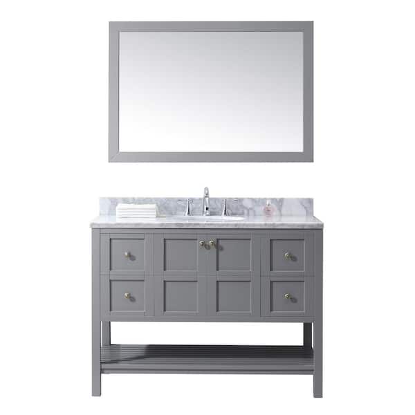 Virtu USA Winterfell 49 in. W Bath Vanity in Gray with Marble Vanity Top in White with Round Basin and Mirror