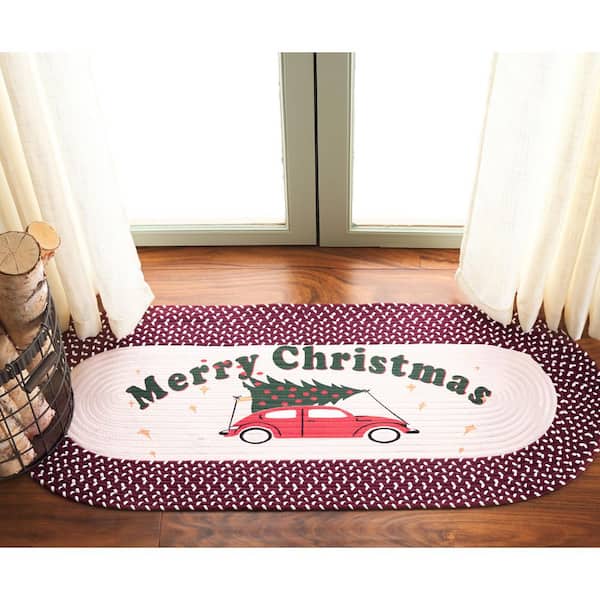 Braided Posters Ivory/Burgundy Red 2 ft. x 3 ft. Machine Washable Merry Christmas Tree Oval Area Rug
