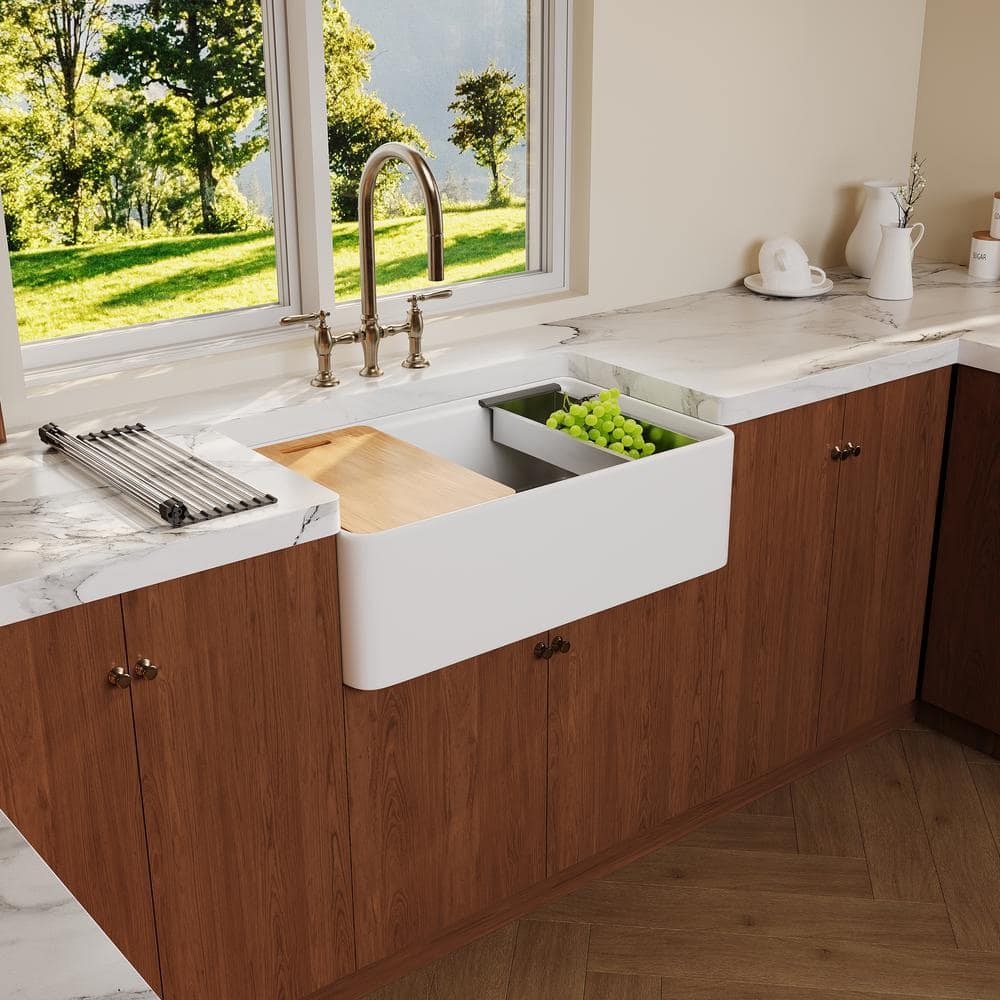 Crisp White Ceramic Single Bowl Farmhouse Workstation Sink