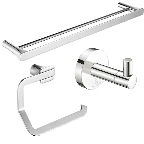 3-Piece Bath Hardware Set Containing Hand Towel Holder, Toilet Paper Holder, and Robe Hook in Polished Chrome