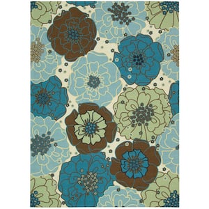 Home and Garden Chrysanthemum Light Blue 8 ft. x 11 ft. Floral Contemporary Indoor/Outdoor Patio Area Rug