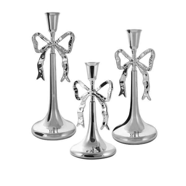 Bow Candle Holders (Set of 3)-Silver Metal Taper Candlestick Holders, Vintage Decor for Dining, or Housewarming Gift