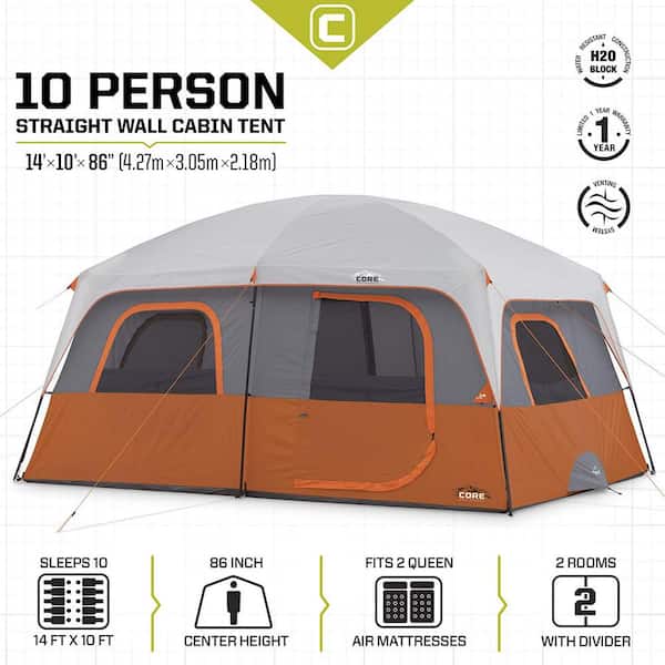 Core 9 Person Instant Cabin Tent - 14' x 9' Green with Rain Fly Stakes  Carry Bag