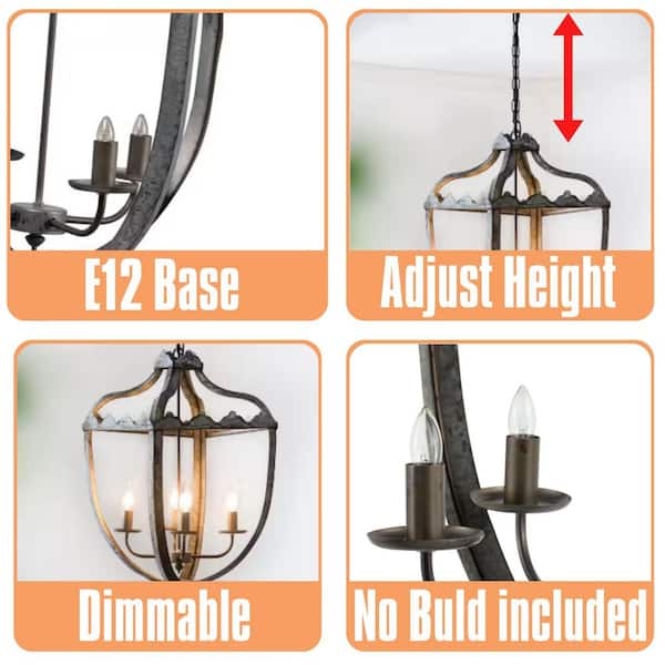 Vintage Series 4-Light Gray Iron Scroll Chandelier Lantern Shape Chandelier for Dining Room (No Bulbs Included)