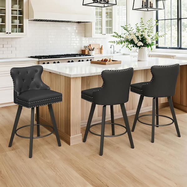 Apollo 27 in. Counter Stool Black Faux Leather Upholstered Button Tufted Swivel Bar Stool with Wood Frame Set of 3