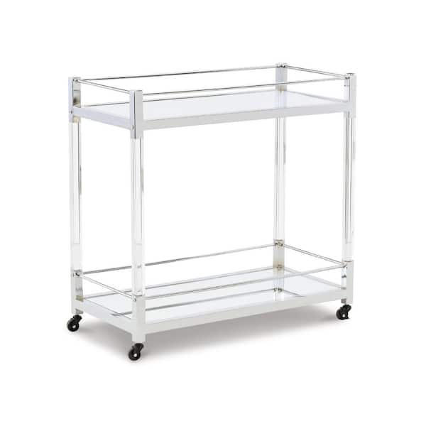 Signature DESIGN BY ASHLEY Chaseton Silver/Mirror 32.75 in. Height Bar Cart with 2-Mirrored Shelves and Locking Casters