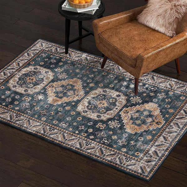 Dark Blue 5 ft. x 7 ft. Vintage Geometric Tribal Machine Washable Area Rug