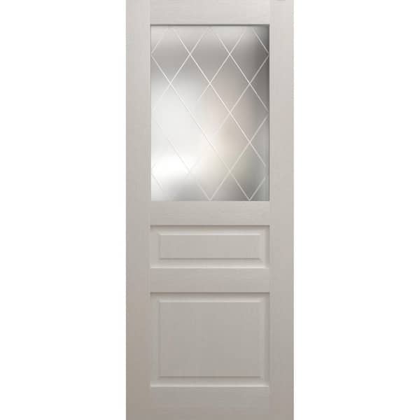 32 in. x 84 in. Frosted Glass Painted White Oak Color Solid Wood Slab With Hardware