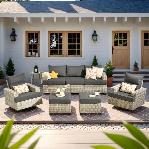 HOOOWOOO Kelleys 8-Piece Wicker Modern Outdoor Patio Conversation Sofa Set with Swivel Chairs and Black Cushions