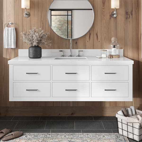 ARIEL Hutton 61 in. W x 22 in. D x 19.6 in. H Bath Vanity in White with Pure White Quartz Top