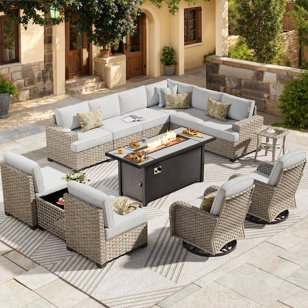 OVIOS Tiberte Gray 13-Piece Wicker Patio 54 in. Rectangle Fire Pit Conversation Set with Gray Cushions and Swivel Chairs