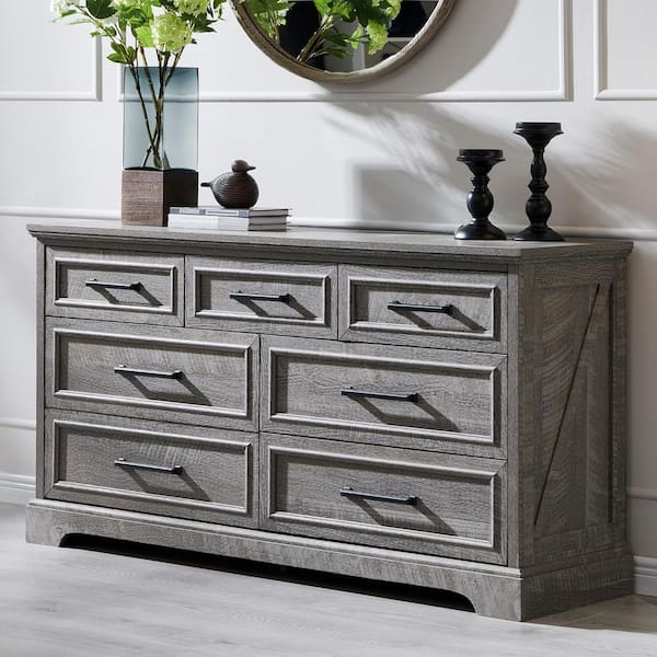 Grey 7 drawer 52 in. W Dresser Farmhouse Style Dressers for Bedroom, Living Room, Hallway