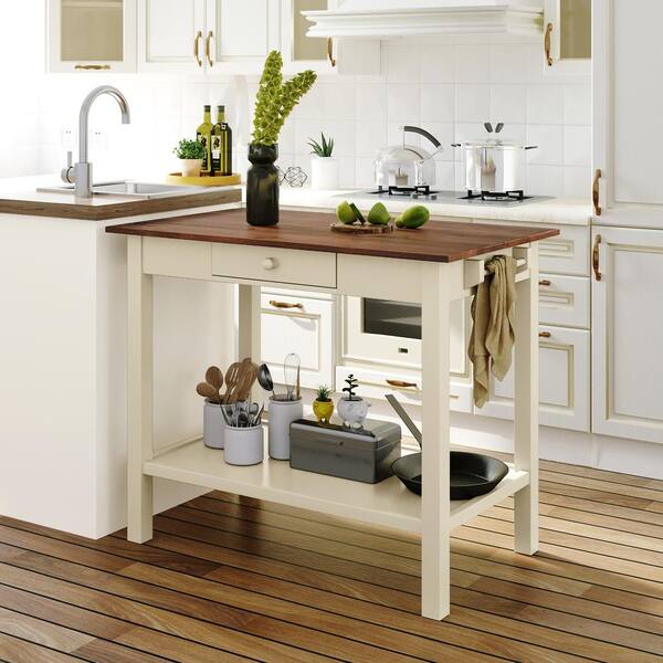 Topmax Cream White Kitchen Island With Drawer Rubber Wood Dining Table Walnut Tabletop And Towel Rack For Small Place Aybszhd297 Drawer Rubber Wood Dining Table, White Kitchen Island Dining Table