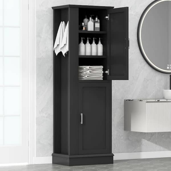 Black 68 in. H Storage Cabinet with Two Doors and Hooks, Adjustable Shelves