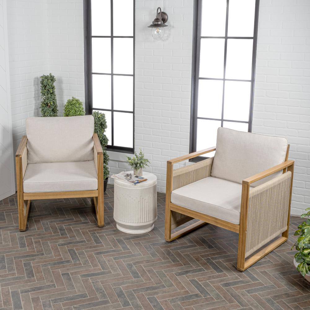 Mid-Century Modern Roped Acacia Wood Patio Chairs with Cushions