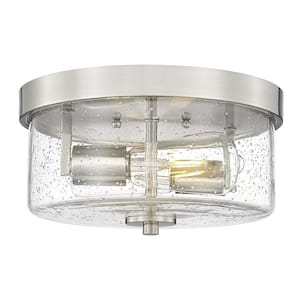 11 in. 2-Light Brushed Nickel Flush Mount Ceiling Light Fixture with Seeded Glass Shades for Hallway