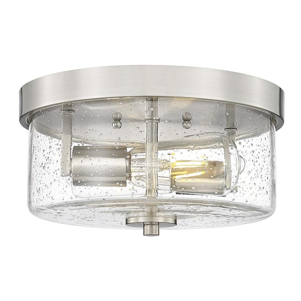 JAZAVA 11 in. 2-Light Brushed Nickel Flush Mount Ceiling Light Fixture with Seeded Glass Shades for Hallway