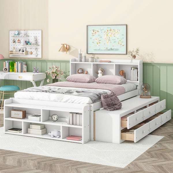 Mora White Wood Frame Full Size Platform Bed with Bookcase Headboard, Storage Drawers, End Storage Case