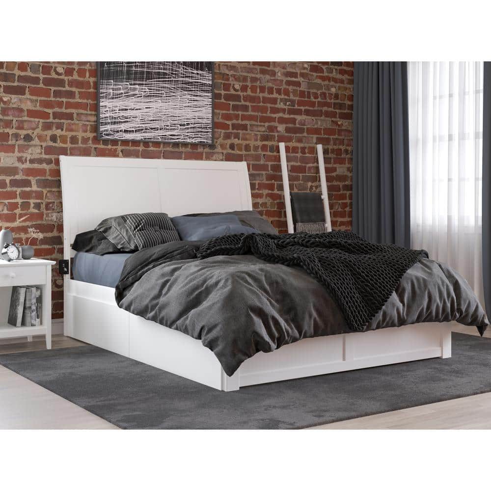 White Queen Wood Platform Bed with Storage Drawers