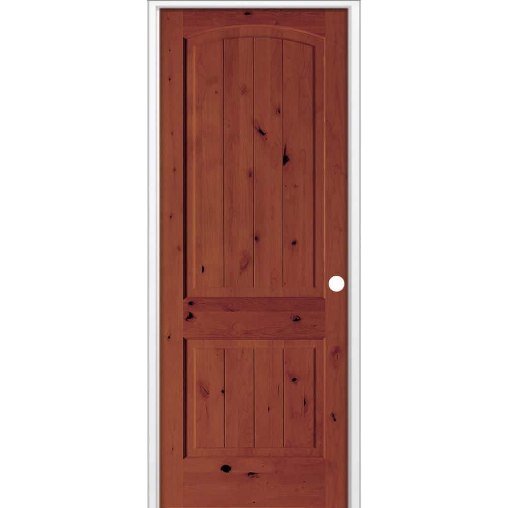 32 in. x 96 in. Rustic 2-Panel Arch Top VG Left-Hand Amaretto Stain Knotty Alder Wood Single Prehung Interior Door price history on PriceWatchPro