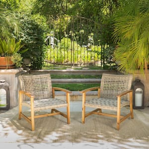 2-piece wood plus wicker club chair for patio, patio backyard lawn natural plus gray