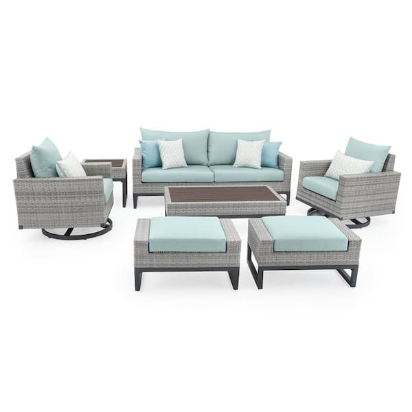 Milo Grey 7-Piece Wicker Motion Patio Deep Seating Conversation Set with Sunbrella Spa Blue Cushions