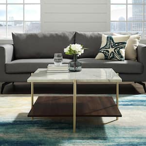 32 in. White/Brown Square Faux Marble Top Coffee Table with Shelf
