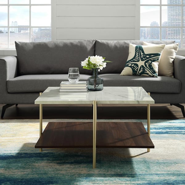 Modern Cocktail Table with Storage Shelf Marble Coffee Tables for Living Room Faux Marble/32 Inch 2 Tier Living Room Center Table Gold Metal Legs