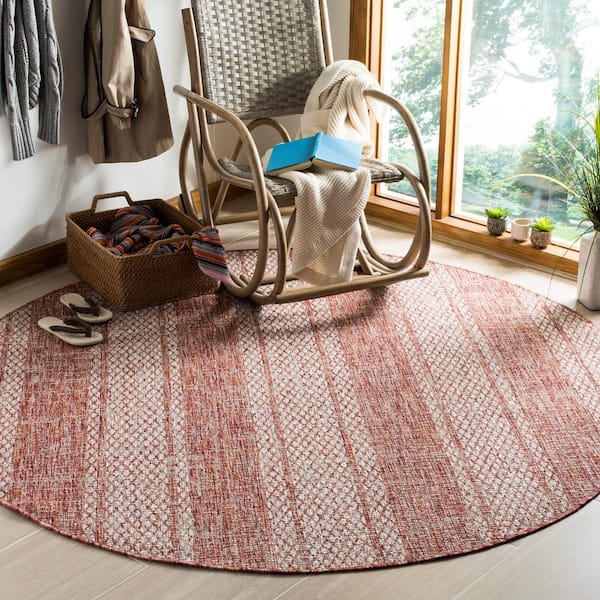 Courtyard Light Beige/Terracotta 7 ft. x 7 ft. Round Geometric Indoor/Outdoor Patio  Area Rug
