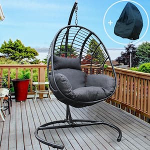 Indoor Outdoor PE Wicker Patio Swing Chair Egg Chair with Dark Gray Cushion, Heavy-duty Hammock Chair with Stand