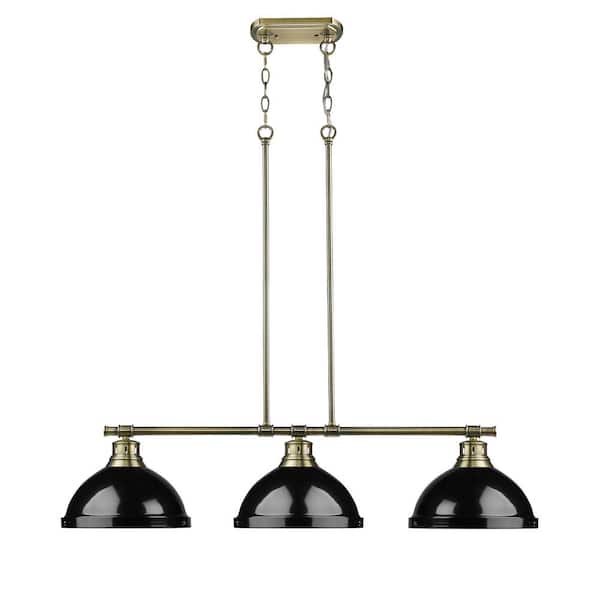 Duncan AB 3-Light Aged Brass Pendant with Black Shades