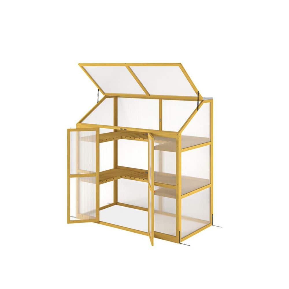 Brown 53.15 in. W x 27.76 in. D x 53.94 in. H Wooden Greenhouse Polycarbona