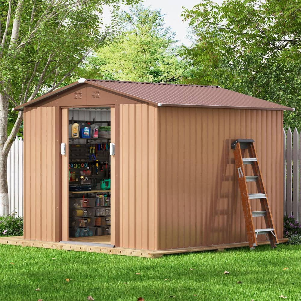 8.4 ft. W x 8.4 ft. D Outdoor Storage Shed Galvanized Steel Metal Shed with Sliding Doors, Brown (70.56 sq. ft.) -  JAXPETY, HG61S1331-T01