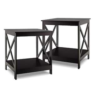 2PCS 18 in. Rectangle Wood Accent End Table 2-Tier Sofa Side Table Nightstand w/X-Shaped Frame Espresso