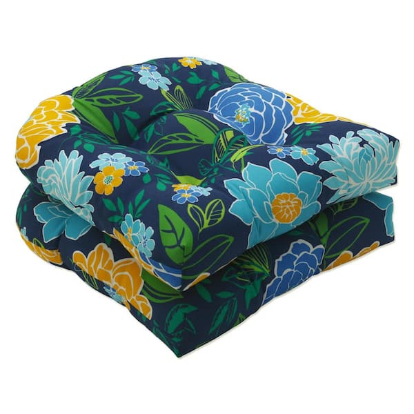 Pillow Perfect Floral 19 x 19 2-Piece Outdoor Dining chair Cushion in Blue/Yellow Spring Bling