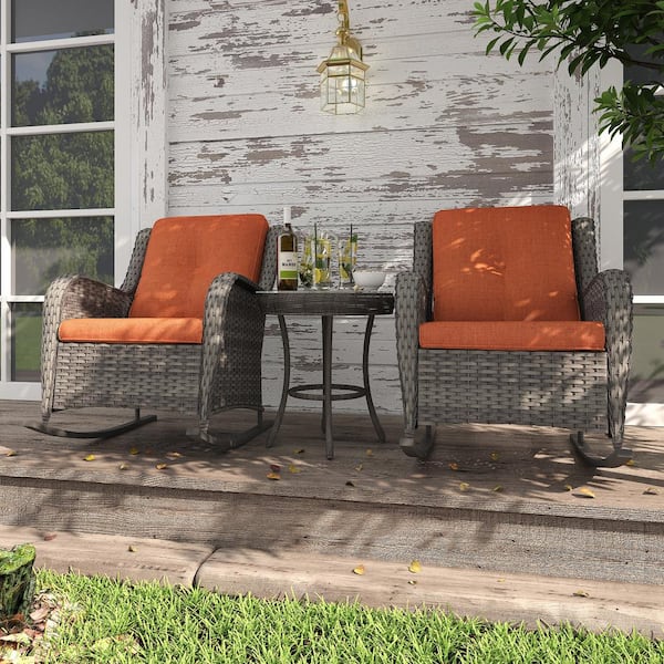 INMITOM 2-Pack Wicker Outdoor Rocking Chair Lounge Chair Patio with Orange Cushion