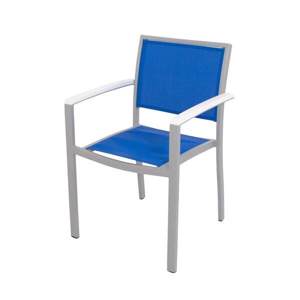 POLYWOOD Bayline Textured Silver/White/Royal Blue Sling Patio Dining Arm Chair