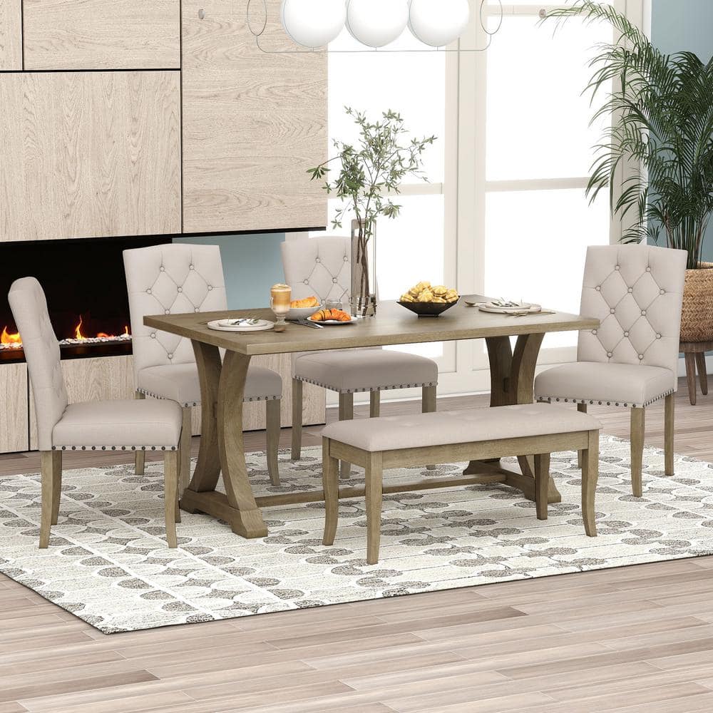 Original Wood 5-Piece Dining Table Set – 100% Solid Wood Rectangular Table and 4 Back Chairs, Practical Household Wooden Dining Room Furniture Set, Heavy Duty Minimalist Kitchen Table Set, 5-Pcs