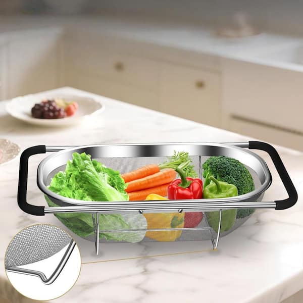 Over the Sink Stainless Steel Strainer with Rubber Grip for Strain, Drain, Rinse Fruits, Vegetables, Expandable, Silver