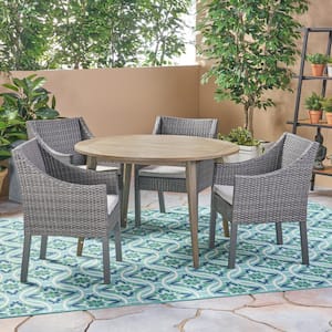Torrence Gray 5-Piece Wood and Faux Rattan Outdoor Dining Set with Silver Cushions