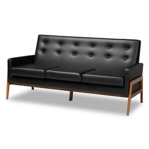Perris 68.5 in. Black/Walnut Faux Leather 3-Seater Cabriole Sofa with Square Arms