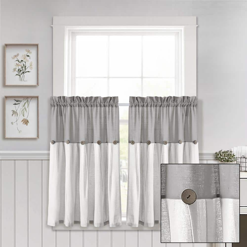 Gray and Off-White Cotton Blend Kitchen Tier Curtains with Rustic Buttons
