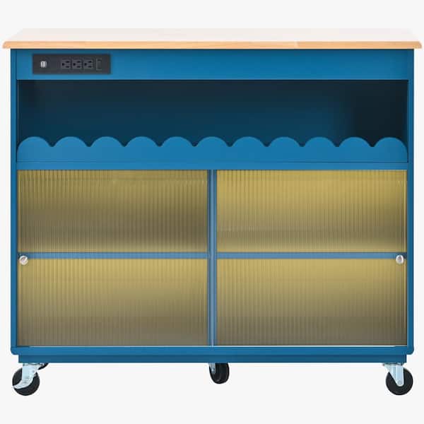 FUNKOL Navy Blue Wood 44 in. LED Light Drop Leaf Large Kitchen Island Power Outlets, 2-Sliding Fluted Glass Doors