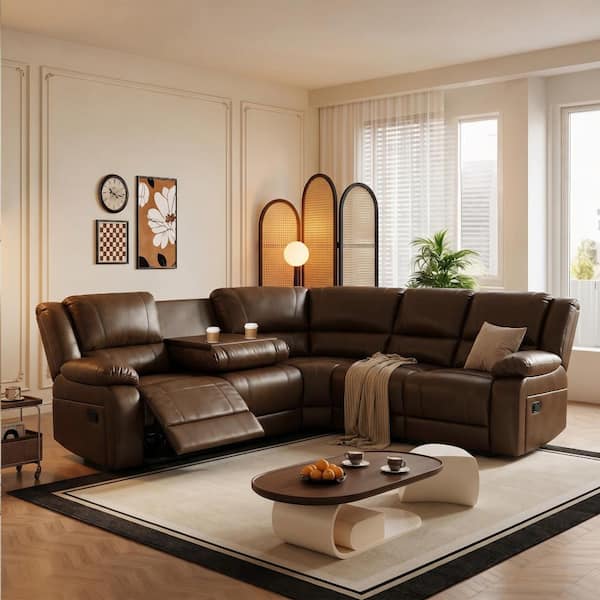 109 in. 6-Piece 5-Seat Faux Leather Manual Recliner Sectional Sofa with Drop Down Table, Dark Brown