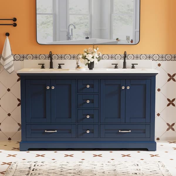 60 in. W x 22 in. D Solid Wood Freestanding Navy Blue Bath Vanity with White Cultured Marble Top and Soft-close Hardware