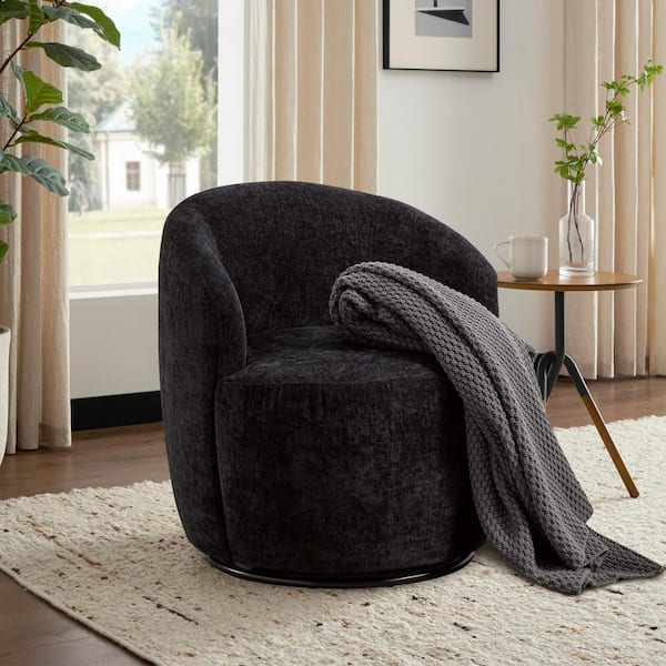 Black Chenille Fabric Swivel Accent Armchair with Black Powder Coating Metal Ring