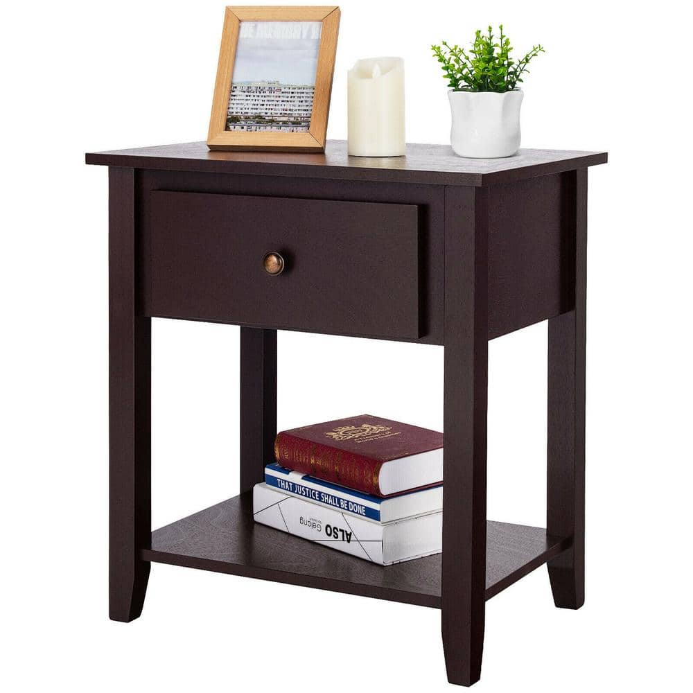 FORCLOVER 1-Drawer Coffee Nightstand Side Table with Bottom Shelf